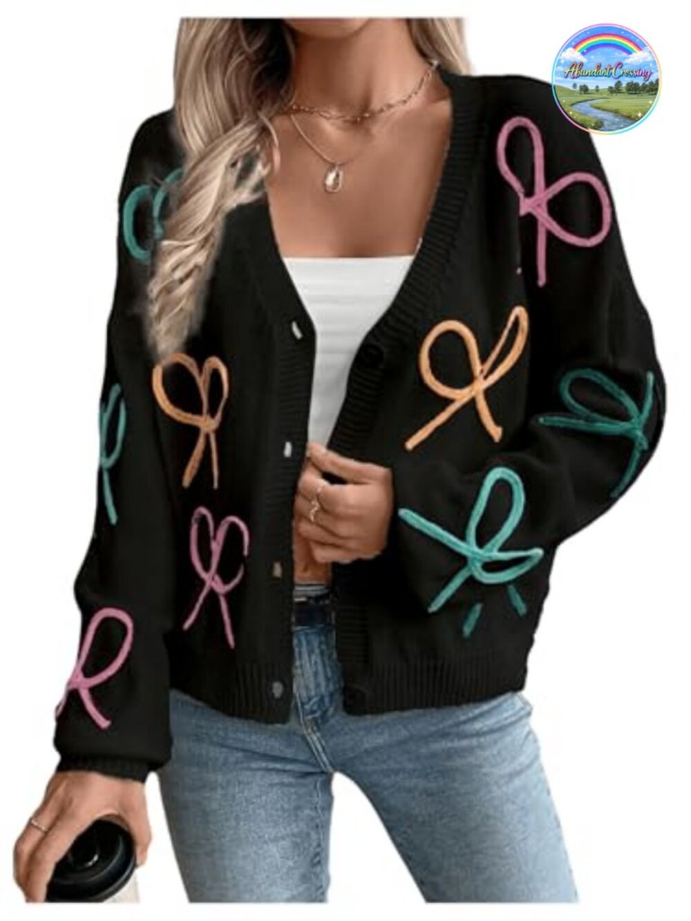 WDIRARA Women's Bow Cardigan Button Down V Neck Long Sleeve Drop Shoulder Knit